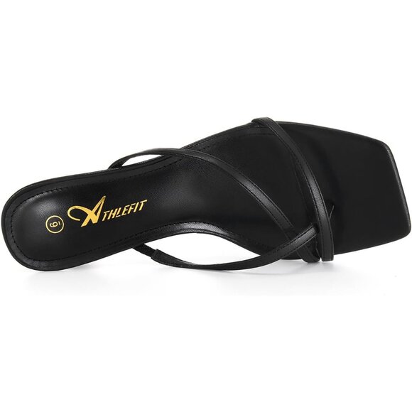 Athlefit Women's Black Polyurethan Square Open Toe Kitten Heels Thong Sandals - Picture 3 of 6